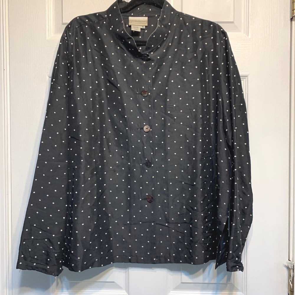 Coldwater Creek Silk Blouse XL Polka Dot Mandarin Collar Button Front Top